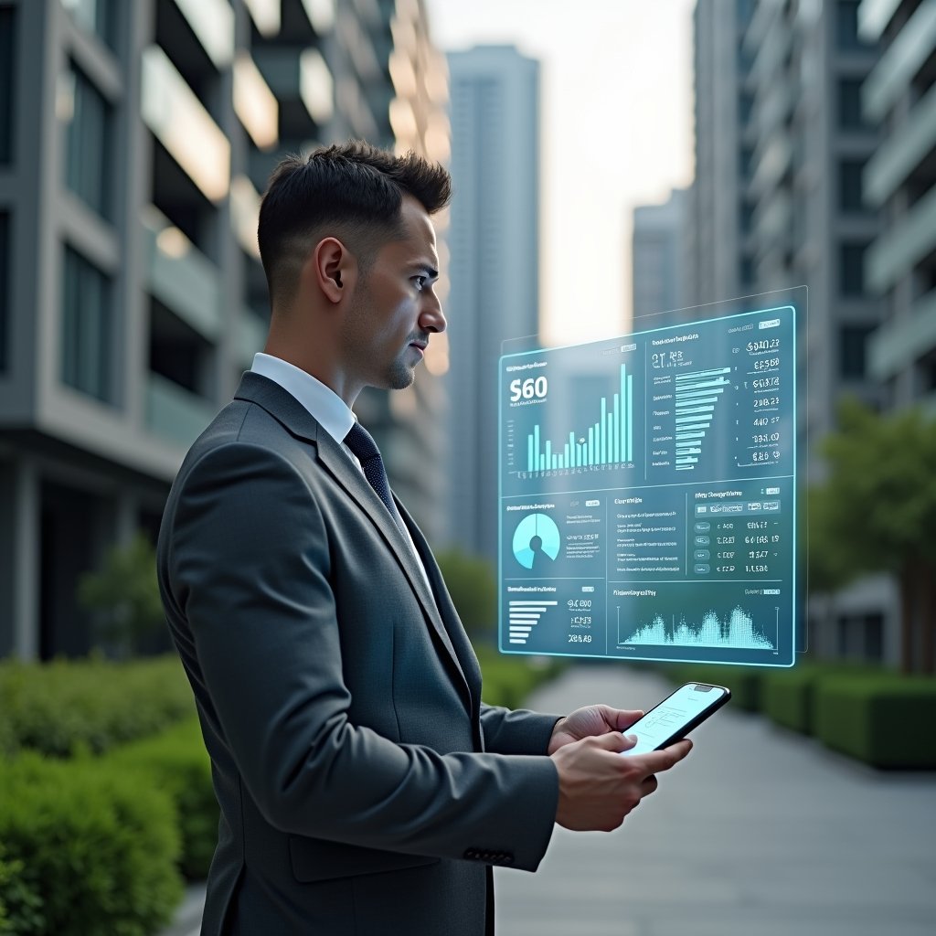 (Ultra-realistic professional condominium manager in a charcoal gray tailored suit, set in a modern luxury condominium environment with high-rise buildings and manicured green landscaping, holding and examining a floating holographic dashboard of maintenance checklists and financial graphs, a glowing smartphone icon and calendar hologram orbiting around, confident and focused expression, cinematic lighting, shallow depth of field, highly detailed textures, realistic skin, photographic realism, 8k resolution --ar 1:1 --v 6)