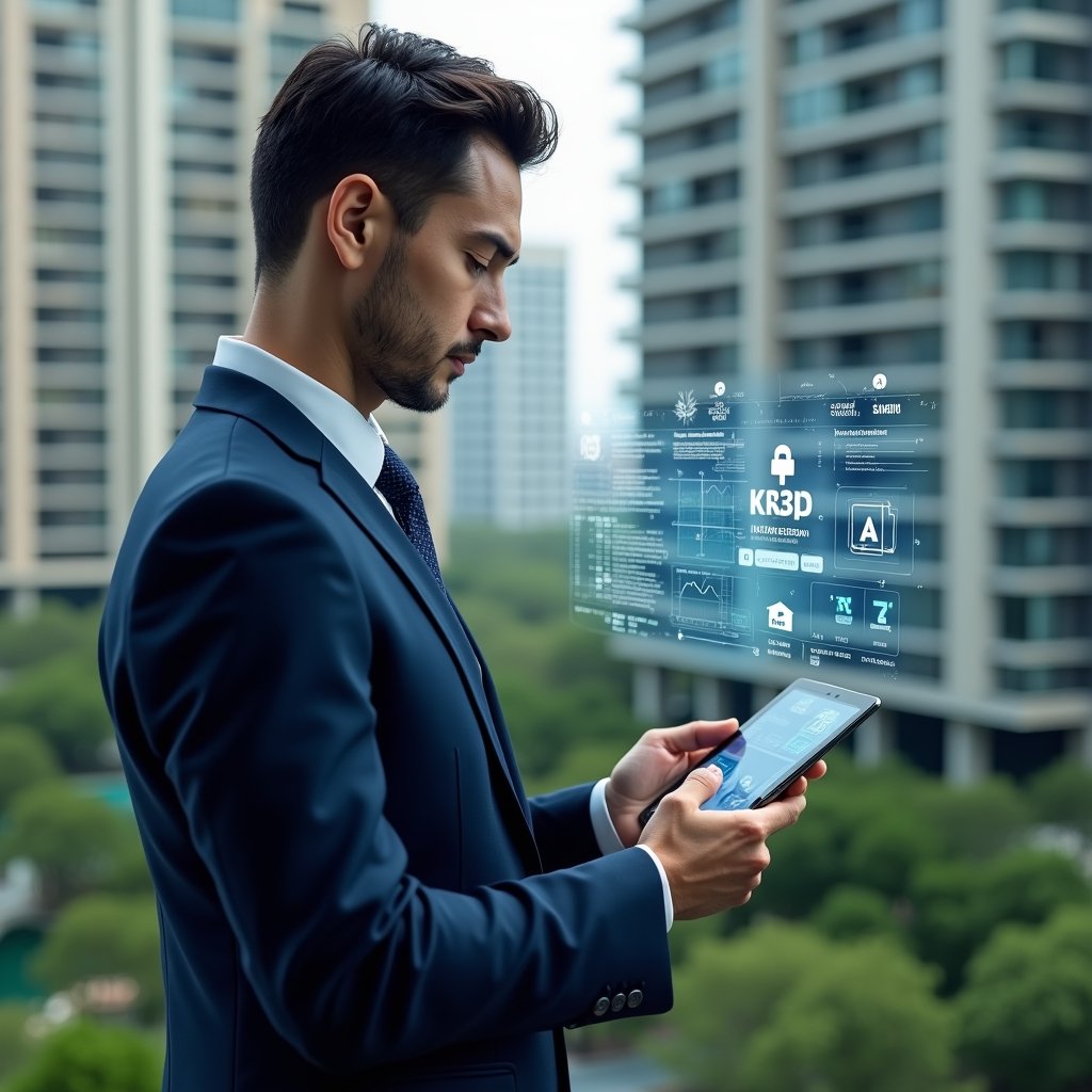 (Ultra-realistic condominium manager in a navy blue executive suit, set in a modern luxury condominium environment with high-rise buildings and lush green landscaping, holding a tablet and interacting with a holographic interface displaying finance, calendar and security icons, confidently analyzing data, cinematic lighting, shallow depth of field, highly detailed textures, realistic skin, photographic realism, 8k resolution --ar 1:1 --v 6)