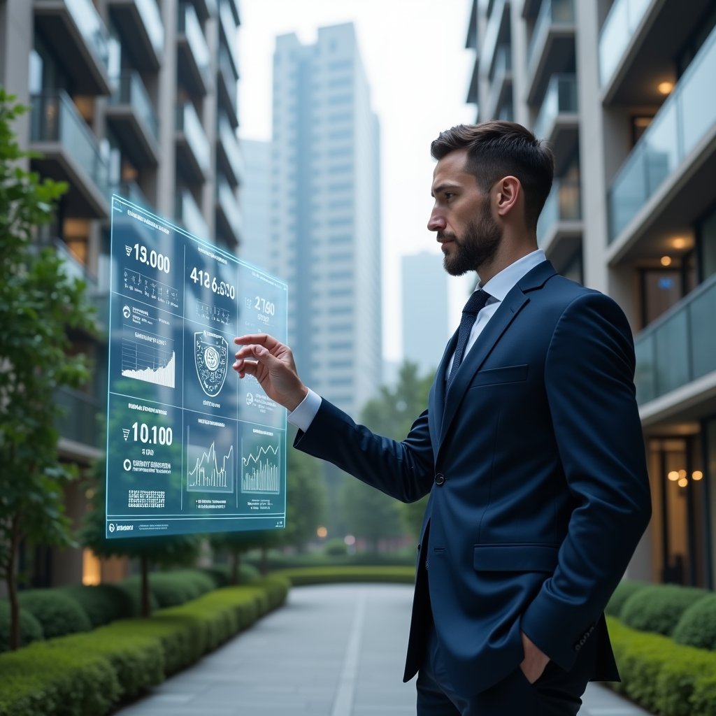 Ultra-realistic condominium manager in a tailored navy suit, set in a modern luxury condominium environment with high-rise buildings and meticulously landscaped greenery, reviewing a floating holographic dashboard of financial charts and communication icons, confident expression as they interact with digital process automation visuals, cinematic lighting, shallow depth of field, highly detailed textures, realistic skin, photographic realism, 8k resolution --ar 1:1 --v 6