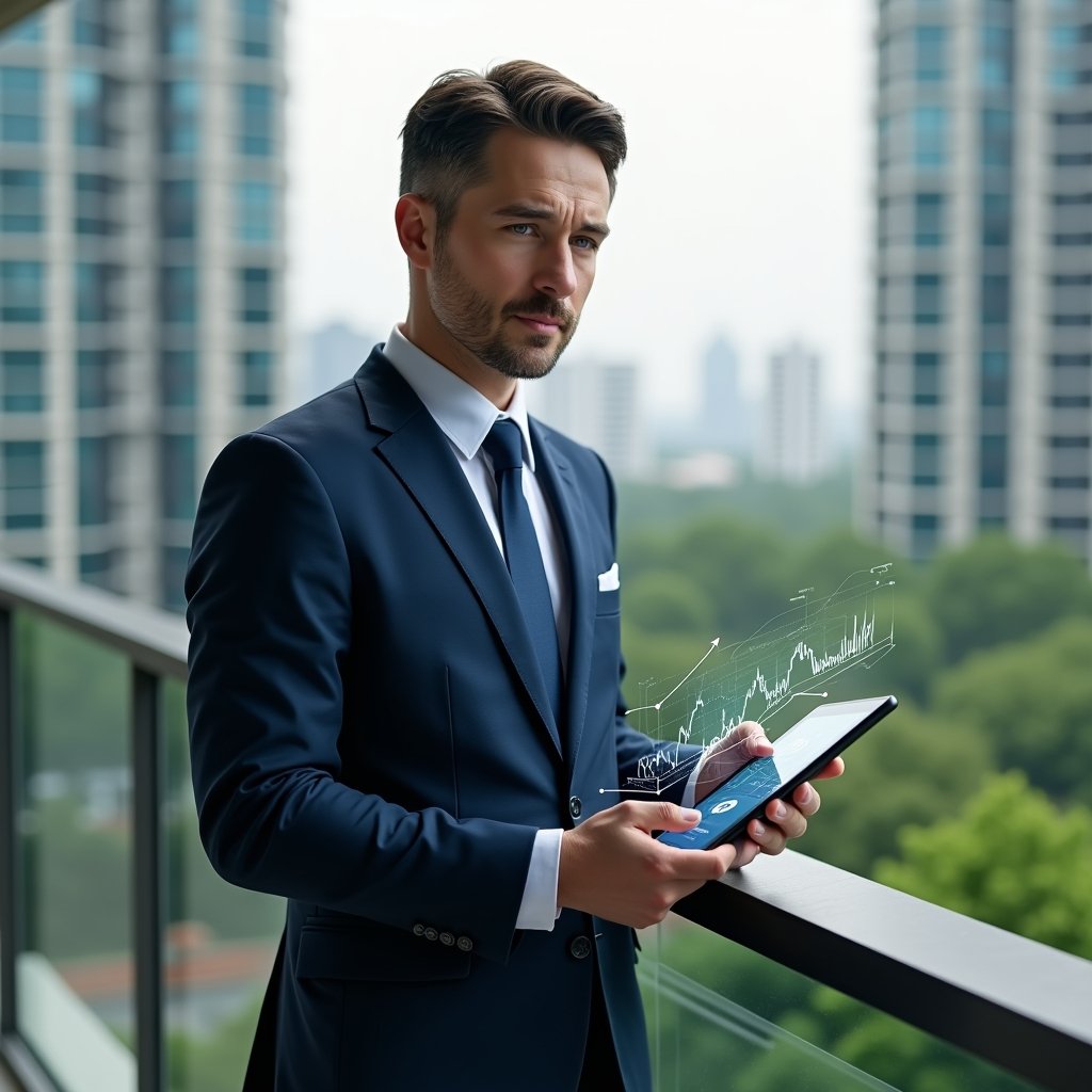 Ultra-realistic condominium manager in a navy blue suit, set in a modern luxury condominium environment with high-rise buildings and lush green landscaping, standing in a medium shot on a balcony overlooking the grounds, holding a digital tablet displaying holographic financial charts and icons, confident and focused expression, cinematic lighting, shallow depth of field, highly detailed textures, realistic skin, photographic realism, 8k resolution --ar 1:1 --v 6