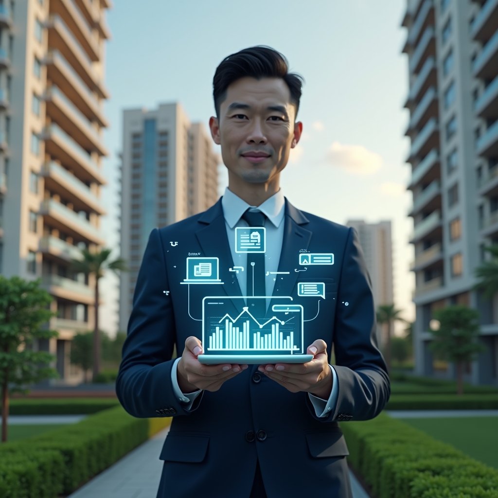 (Ultra-realistic condominium manager in a tailored navy blue suit, set in a modern luxury condominium environment with high-rise buildings and lush green landscaping, confidently holding a transparent holographic tablet displaying invoicing graphs, document icons, and chat bubbles, floating holographic symbols of payments and communication around, cinematic lighting, shallow depth of field, highly detailed textures, realistic skin, photographic realism, 8k resolution --ar 1:1 --v 6)