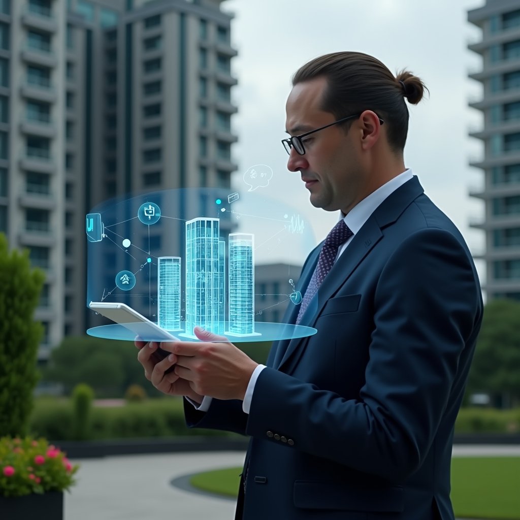 (Ultra-realistic condominium manager in a tailored navy suit, set in a modern luxury condominium environment with high-rise buildings and manicured greenery, medium shot of a confident professional holding a tablet displaying holographic application icons and data charts, thoughtfully analyzing the interface, subtle futuristic hologram of a condo building floating next to the device, cinematic lighting, shallow depth of field, highly detailed textures, realistic skin, photographic realism, 8k resolution --ar 1:1 --v 6)