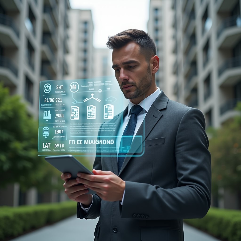Ultra-realistic condominium manager in a charcoal gray suit, set in a modern luxury condominium environment with high-rise buildings and manicured green landscaping, holding a tablet and analyzing a holographic interface displaying app icons and charts that illustrate a free condominium management application, thoughtful and confident expression, cinematic lighting, shallow depth of field, highly detailed textures, realistic skin, photographic realism, 8k resolution --ar 1:1 --v 6