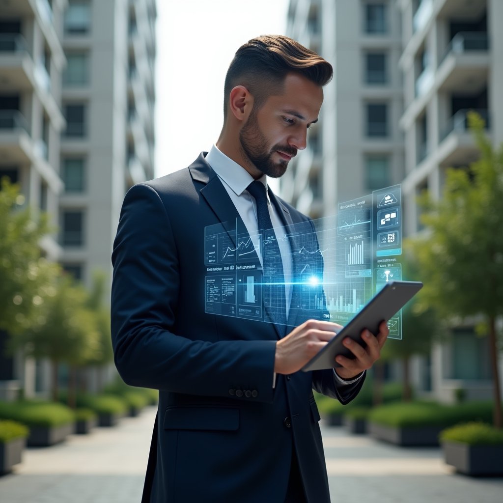 Ultra-realistic condominium manager in a tailored navy suit, set in a modern luxury condominium environment with high-rise buildings and manicured green landscaping, holding a tablet displaying a holographic condo management app interface with icons for finance, security and communication, confidently analyzing data charts, cinematic lighting, shallow depth of field, highly detailed textures, realistic skin, photographic realism, 8k resolution --ar 1:1 --v 6