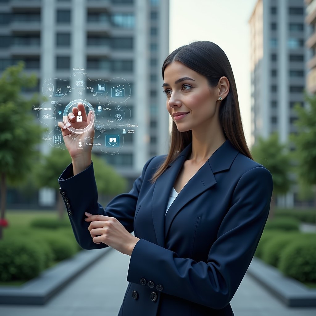 Ultra-realistic female condominium manager in a dark blue executive suit, set in a modern luxury condominium environment with high-rise buildings and lush green landscaping, mid shot showing her interacting with a holographic interface displaying app icons and charts for billing, messaging, reservations and security, confident and focused expression, cinematic lighting, shallow depth of field, highly detailed textures, realistic skin, photographic realism, 8k resolution --ar 1:1 --v 6