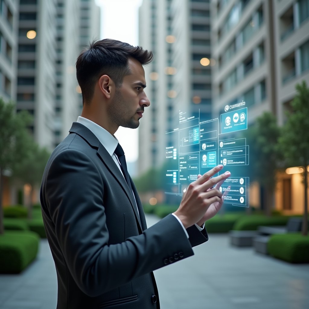 (Ultra-realistic condominium manager in a charcoal gray executive suit, set in a modern luxury condominium environment with high-rise buildings and lush green landscaping, medium shot of a confident professional interacting with a holographic dashboard displaying payment schedules, compliance checkmarks, and resident chat icons, symbolic floating icons for process optimization and community engagement, cinematic lighting, shallow depth of field, highly detailed textures, realistic skin, photographic realism, 8k resolution --ar 1:1 --v 6)