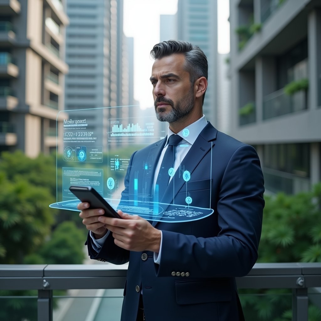 Ultra-realistic condominium manager in a navy blue executive suit, set in a modern luxury condominium environment with high-rise buildings and lush green landscaping, reviewing a holographic financial report with transparent charts floating before them, projecting confidence and focus, futuristic icons of coins and graphs orbiting around, cinematic lighting, shallow depth of field, highly detailed textures, realistic skin, photographic realism, 8k resolution --ar 1:1 --v 6