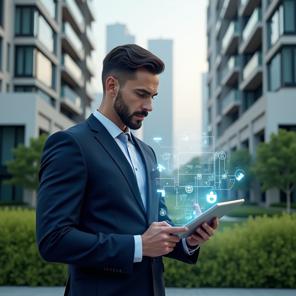 Ultra-realistic property manager in a navy executive suit, set in a modern luxury condominium environment with high-rise buildings and lush green landscaping, examining a digital checklist hologram projected from a tablet, surrounded by subtle maintenance tool icons floating in the air, confident and focused expression, cinematic lighting, shallow depth of field, highly detailed textures, realistic skin, photographic realism, 8k resolution --ar 1:1 --v 6