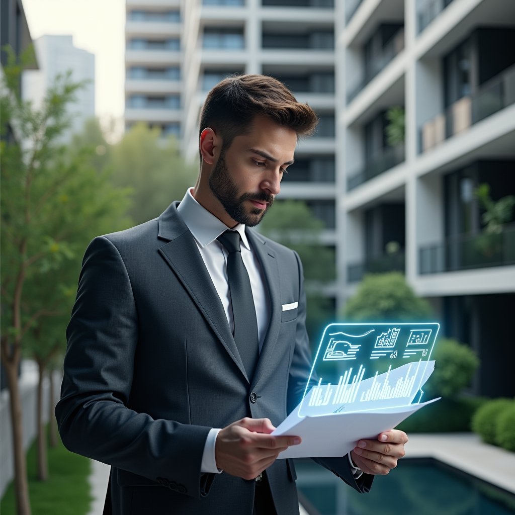 Ultra-realistic condominium manager in a tailored charcoal gray suit, set in a modern luxury condominium environment with high-rise buildings and lush green landscaping, holding a glowing holographic checklist and digital financial charts, confidently reviewing documents with a focused expression, cinematic lighting, shallow depth of field, highly detailed textures, realistic skin, photographic realism, 8k resolution --ar 1:1 --v 6