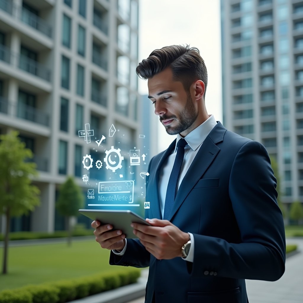 (Ultra-realistic condominium manager in a navy tailored suit, set in a modern luxury condominium environment with high-rise buildings and manicured green landscaping, examining a holographic maintenance checklist projected above a sleek digital tablet, confident and focused expression, floating icons of gears and calendar symbols surrounding the tablet, cinematic lighting, shallow depth of field, highly detailed textures, realistic skin, photographic realism, 8k resolution --ar 1:1 --v 6)