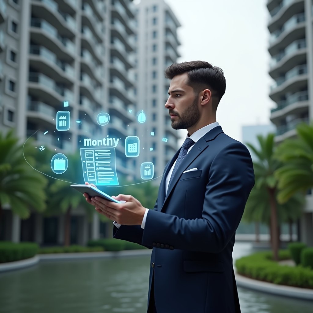 (Ultra-realistic professional property manager in a tailored navy suit, set in a modern luxury condominium environment with high-rise buildings and lush green landscaping, reviewing a holographic monthly checklist projected from a digital tablet, surrounded by floating icons of documents, calendars and financial charts, expression focused and confident, cinematic lighting, shallow depth of field, highly detailed textures, realistic skin, photographic realism, 8k resolution --ar 1:1 --v 6)