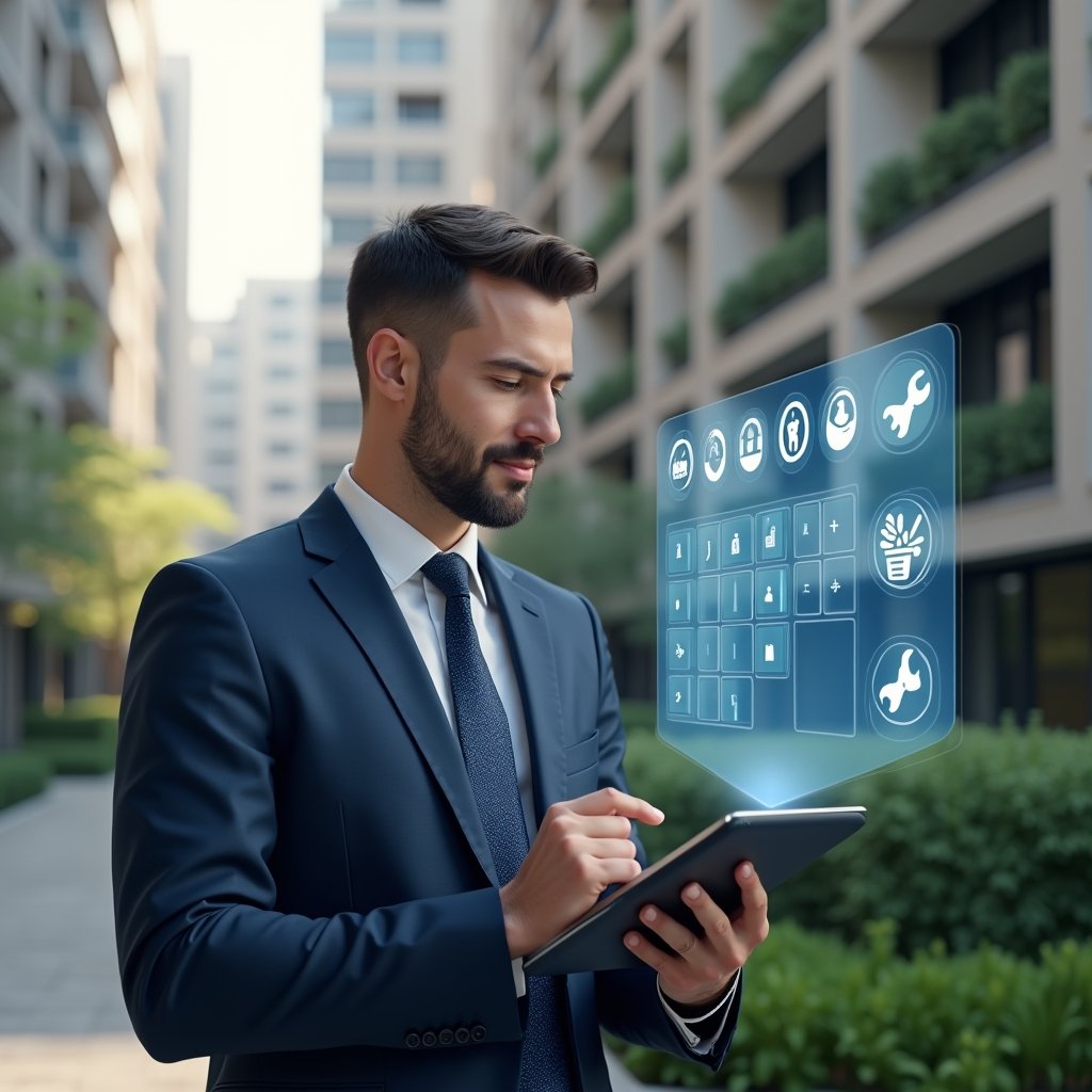 Ultra-realistic property manager in a navy blue tailored suit, set in a modern luxury condominium environment with high-rise buildings and manicured gardens, holding a tablet displaying a holographic checklist calendar and maintenance icons, pointing at a floating schedule interface with cleaning tools, wrench, and assembly symbols, cinematic lighting, shallow depth of field, highly detailed textures, realistic skin, photographic realism, 8k resolution --ar 1:1 --v 6