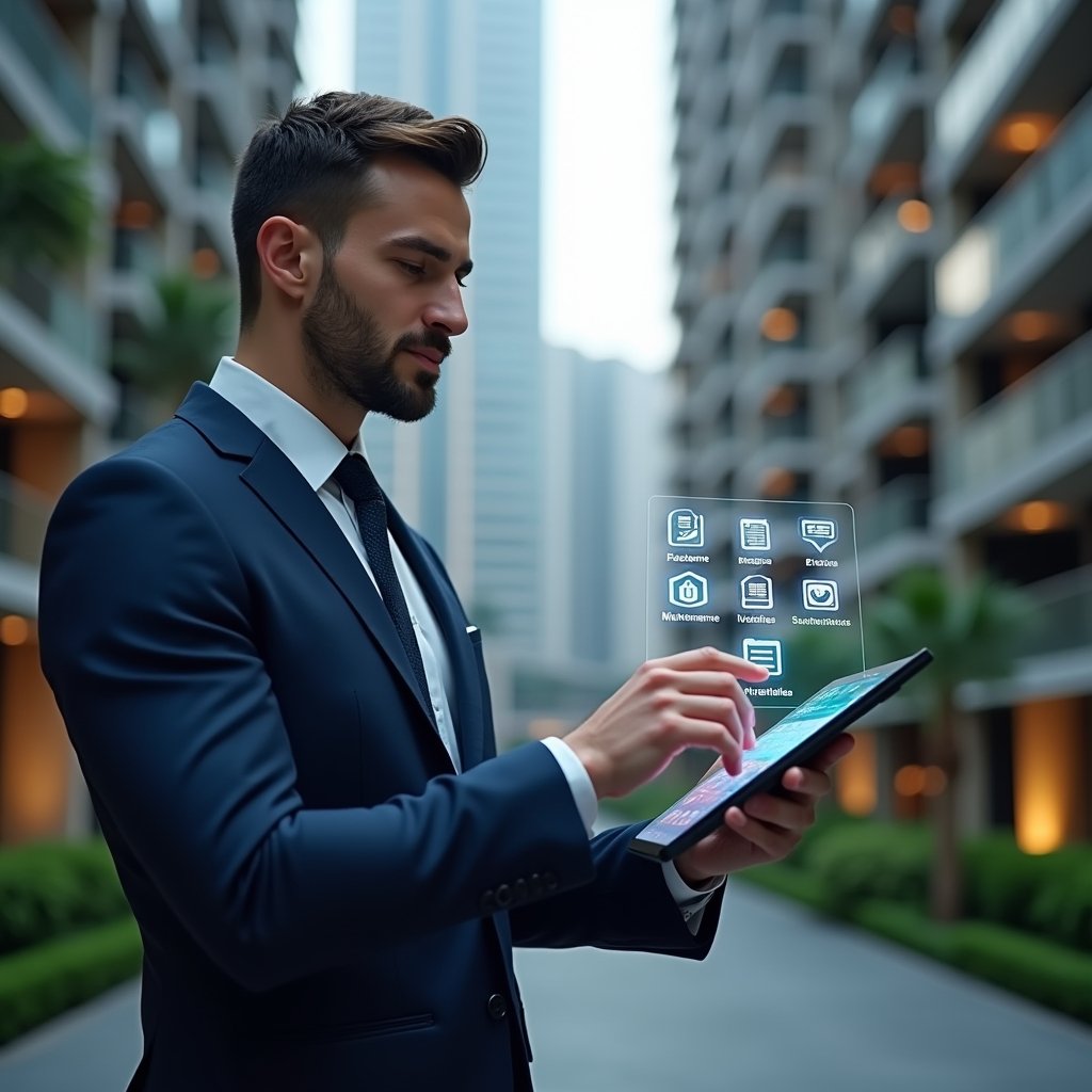 Ultra-realistic condominium manager in a navy blue executive suit, set in a modern luxury condominium environment with high-rise buildings and manicured green landscaping, medium shot of a confident professional holding a digital tablet projecting a holographic checklist and calendar icons, focused expression as they organize maintenance and meeting schedules, cinematic lighting, shallow depth of field, highly detailed textures, realistic skin, photographic realism, 8k resolution --ar 1:1 --v 6