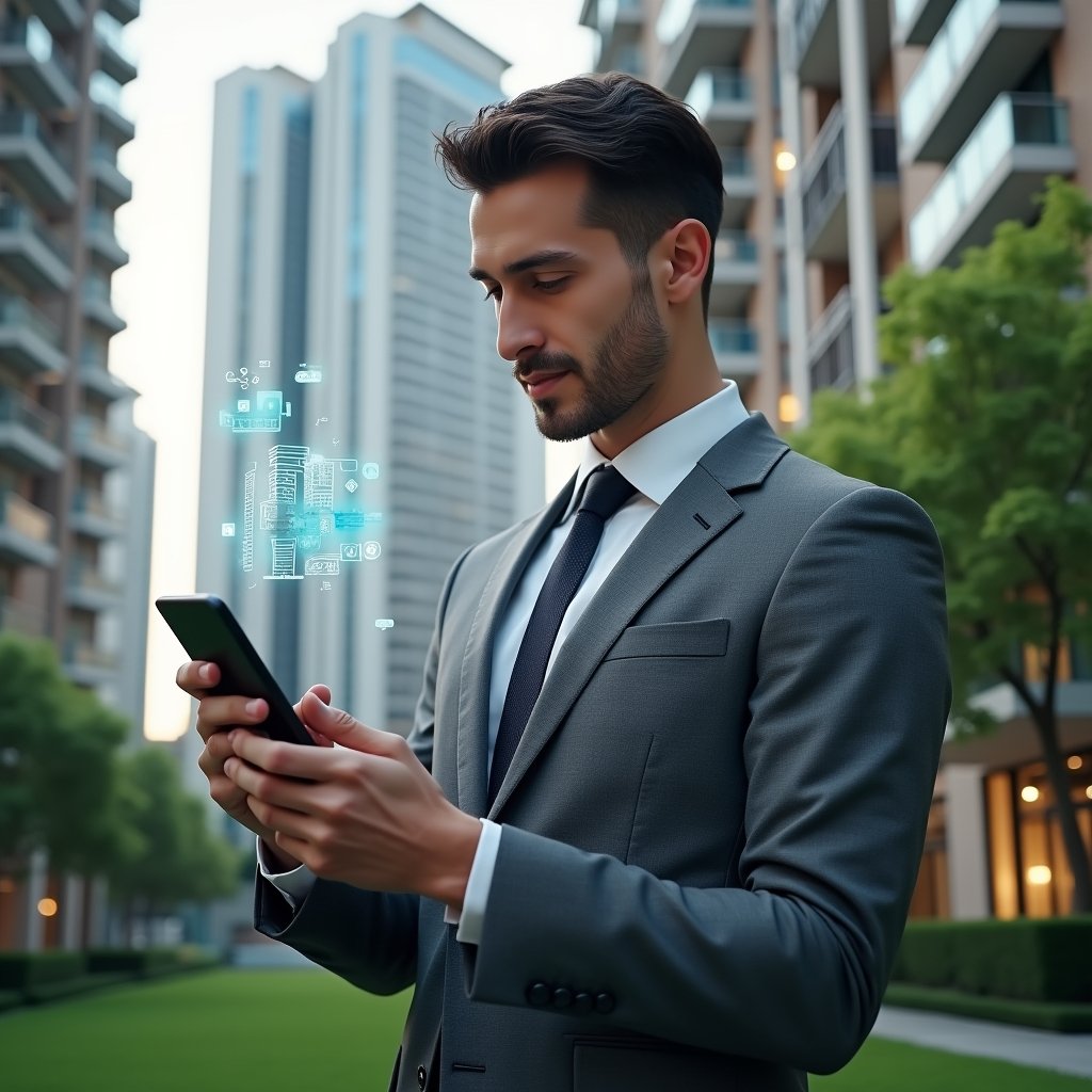 (Ultra-realistic condominium manager in a tailored gray suit, set in a modern luxury condominium environment with high-rise buildings and lush green landscaping, holding a smartphone displaying a floating holographic app interface with building, chat, and payment icons, confidently analyzing data, cinematic lighting, shallow depth of field, highly detailed textures, realistic skin, photographic realism, 8k resolution --ar 1:1 --v 6)