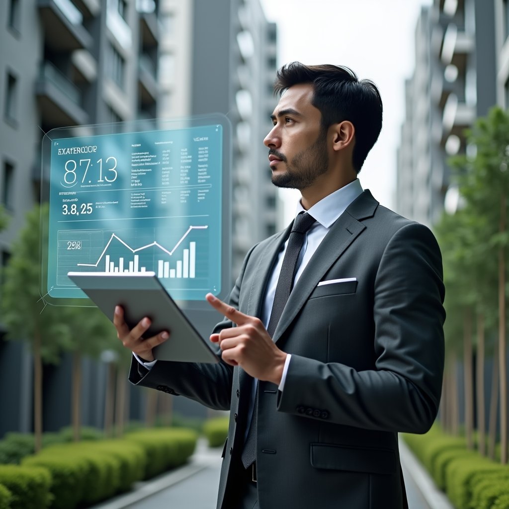 Ultra-realistic condominium manager in a charcoal gray executive suit, set in a modern luxury condominium environment with high-rise buildings and manicured greenery, reviewing a floating holographic financial dashboard with budget charts and expense graphs, holding a digital tablet and pointing at a highlighted expense line, confident and focused expression, cinematic lighting, shallow depth of field, highly detailed textures, realistic skin, photographic realism, 8k resolution --ar 1:1 --v 6