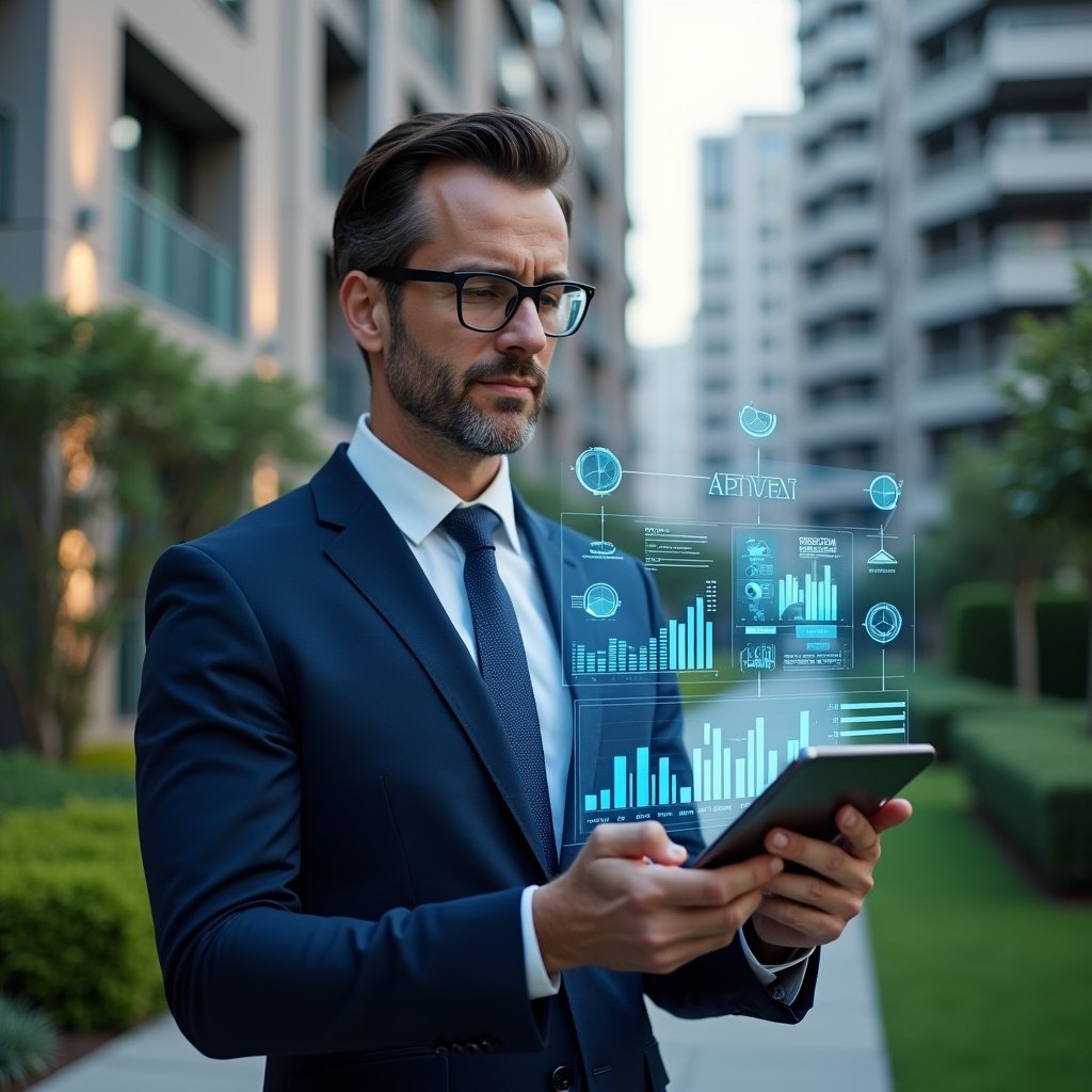 (Ultra-realistic condominium manager in a navy blue tailored suit, set in a modern luxury condominium environment with high-rise buildings and manicured green landscaping, holding a digital tablet displaying holographic financial charts and graphs, analyzing data with a confident, focused expression, floating holographic pie charts and balance sheets symbolizing accelerated financial closing, cinematic lighting, shallow depth of field, highly detailed textures, realistic skin, photographic realism, 8k resolution --ar 1:1 --v 6)