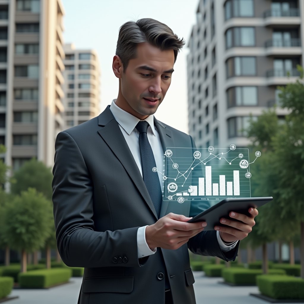 Ultra-realistic condominium manager in a charcoal gray executive suit, set in a modern luxury condominium environment with high-rise buildings and meticulously landscaped gardens, reviewing a holographic budget chart on a transparent tablet with floating icons of coins and expense graphs, confident and thoughtful expression, cinematic lighting, shallow depth of field, highly detailed textures, realistic skin, photographic realism, 8k resolution --ar 1:1 --v 6