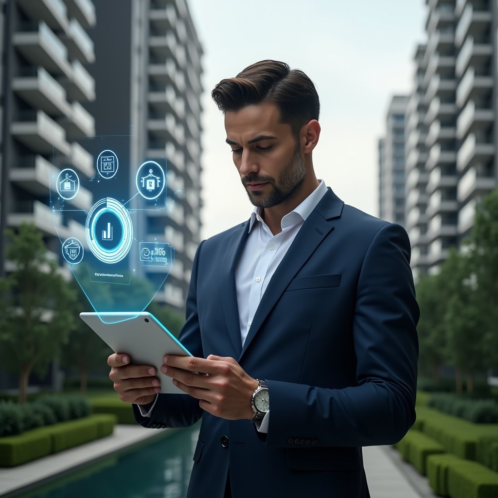 Ultra-realistic condominium manager in a sleek navy suit, set in a modern luxury condominium environment with high-rise buildings and manicured greenery, holding a tablet displaying holographic financial charts and savings icons, confidently analyzing expense projections, holographic pie chart and money-saving symbols floating beside, cinematic lighting, shallow depth of field, highly detailed textures, realistic skin, photographic realism, 8k resolution --ar 1:1 --v 6