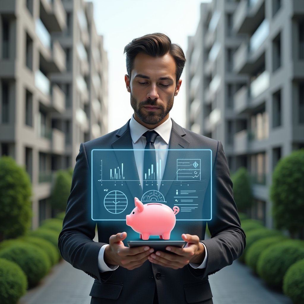 (Ultra-realistic condominium manager in a charcoal gray suit, set in a modern luxury condominium environment with high-rise buildings and manicured green landscaping, reviewing a holographic budget chart with piggy bank and blueprint icons floating beside them, confident and focused expression, cinematic lighting, shallow depth of field, highly detailed textures, realistic skin, photographic realism, 8k resolution --ar 1:1 --v 6)