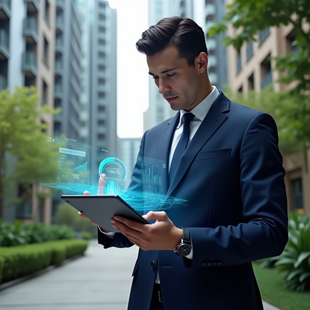 Ultra-realistic condo manager in a navy executive suit, set in a modern luxury condominium environment with high-rise buildings and lush green landscaping, confidently reviewing a digital tablet displaying holographic cost-saving charts and tool icons, thoughtful expression, cinematic lighting, shallow depth of field, highly detailed textures, realistic skin, photographic realism, 8k resolution --ar 1:1 --v 6