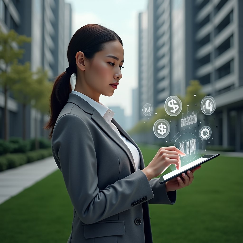 (Ultra-realistic condominium manager in a tailored gray suit, set in a modern luxury condominium environment with high-rise buildings and manicured green landscaping, mid-shot of a professional woman analyzing a floating holographic budget interface on a sleek tablet, cost-saving icons and charts hovering around her, thoughtful and confident expression, cinematic lighting, shallow depth of field, highly detailed textures, realistic skin, photographic realism, 8k resolution --ar 1:1 --v 6)