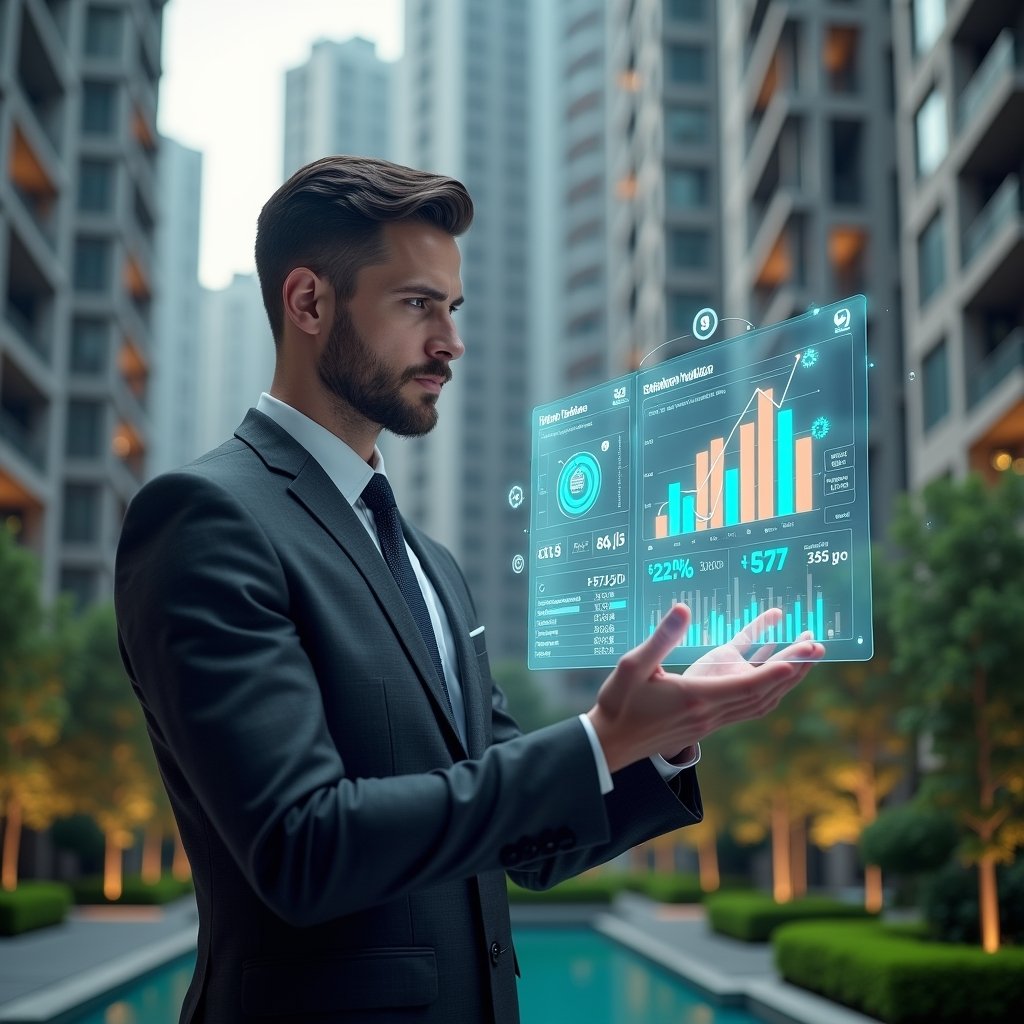 Ultra-realistic condominium manager in a tailored dark gray suit, set in a modern luxury condominium environment with high-rise buildings and lush green landscaping, confidently analyzing a floating holographic financial dashboard displaying cost-reduction charts and budget forecasts, with glowing icons of gears, currency symbols, and digital graphs orbiting around, cinematic lighting, shallow depth of field, highly detailed textures, realistic skin, photographic realism, 8k resolution --ar 1:1 --v 6