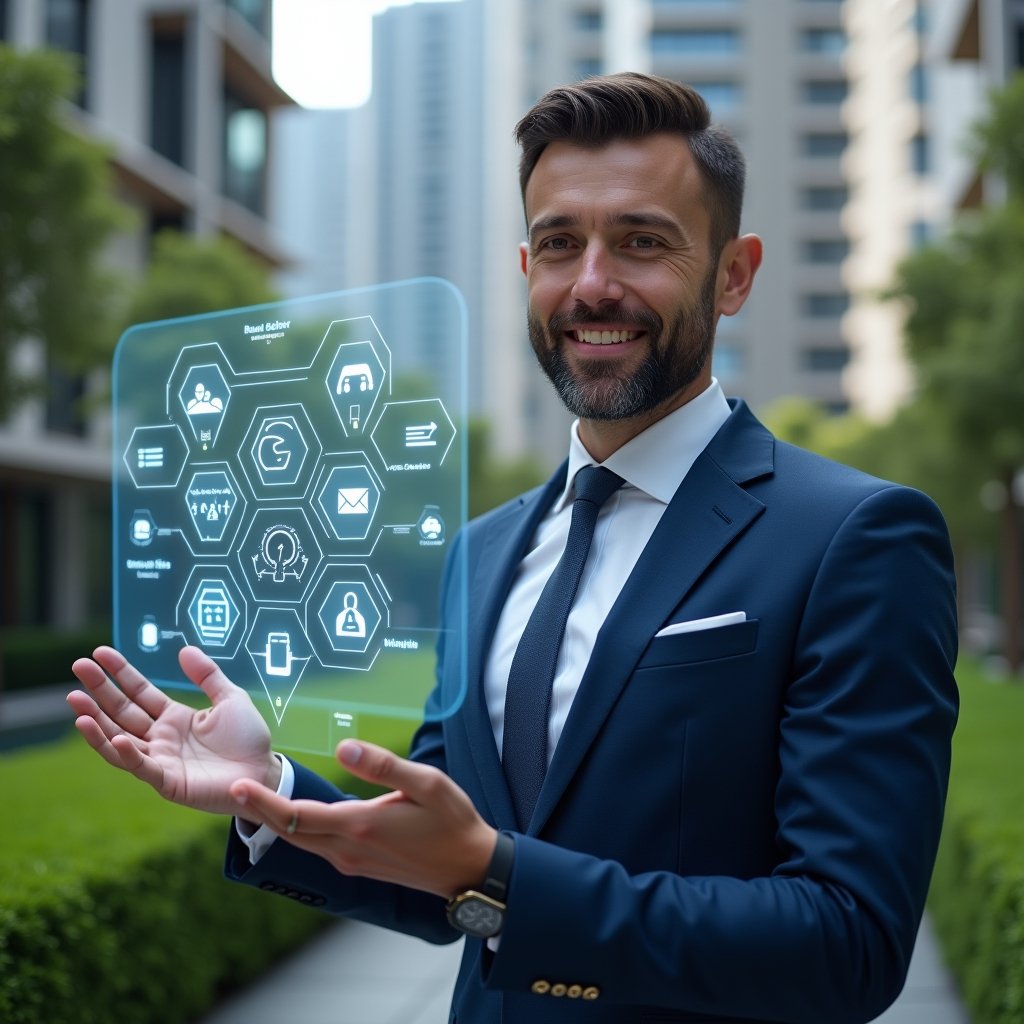 Ultra-realistic condominium manager in a navy blue executive suit, set in a modern luxury condominium environment with high-rise buildings and well-manicured green landscaping, confidently interacting with a floating holographic interface displaying icons for billing, reservations, notifications, access control, and analytics, cinematic lighting, shallow depth of field, highly detailed textures, realistic skin, photographic realism, 8k resolution --ar 1:1 --v 6