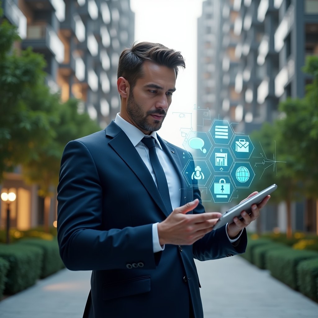 Ultra-realistic property manager in a navy suit, set in a modern luxury condominium environment with high-rise buildings and meticulously landscaped greenery, holding a holographic interface displaying icons for messaging, financial charts, booking calendar, security badge and analytic graphs, confidently examining the floating elements, cinematic lighting, shallow depth of field, highly detailed textures, realistic skin, photographic realism, 8k resolution --ar 1:1 --v 6