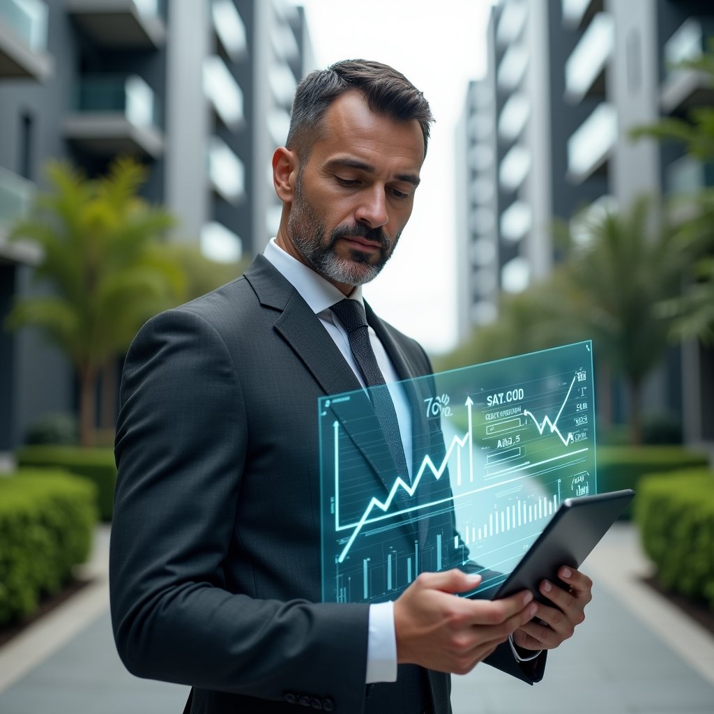 Ultra-realistic condo manager in a charcoal gray executive suit, set in a modern luxury condominium environment with high-rise buildings and manicured green landscaping, holding a transparent holographic financial report with charts and graphs while reviewing data on a tablet, confident and focused expression, cinematic lighting, shallow depth of field, highly detailed textures, realistic skin, photographic realism, 8k resolution --ar 1:1 --v 6