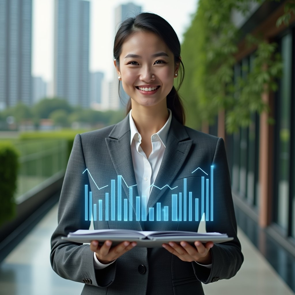 (Ultra-realistic condominium manager in a charcoal gray suit, set in a modern luxury condominium environment with high-rise buildings and lush green landscaping, mid-shot of a confident professional woman holding a holographic financial report displaying transparent bar and line graphs, symbolizing clear accounting and trust, cinematic lighting, shallow depth of field, highly detailed textures, realistic skin, photographic realism, 8k resolution --ar 1:1 --v 6)
