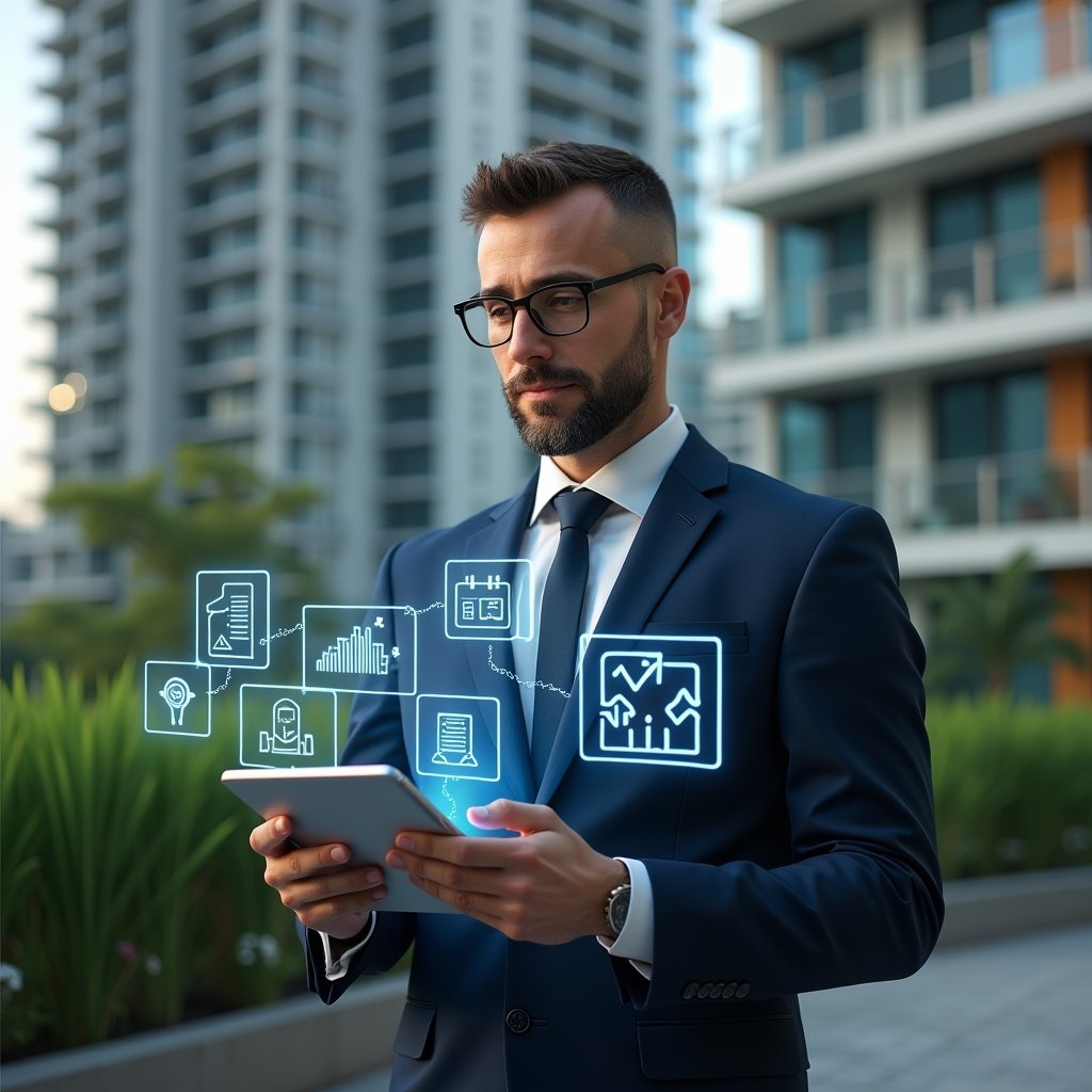 Ultra-realistic condominium manager in a navy executive suit, set in a modern luxury condominium environment with high-rise buildings and lush green landscaping, holding a tablet displaying holographic icons for messaging, booking calendar, financial charts, security camera feed, and data analytics, confidently interacting with the interface as holographic UI elements float around, cinematic lighting, shallow depth of field, highly detailed textures, realistic skin, photographic realism, 8k resolution --ar 1:1 --v 6