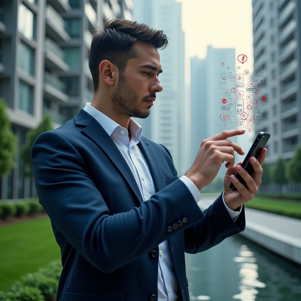 (Ultra-realistic condominium manager in a navy blue suit, set in a modern luxury condominium environment with high-rise buildings and manicured green landscaping, examining a floating holographic smartphone interface with glitchy app icons and red warning symbols, thoughtful expression, cinematic lighting, shallow depth of field, highly detailed textures, realistic skin, photographic realism, 8k resolution --ar 1:1 --v 6)