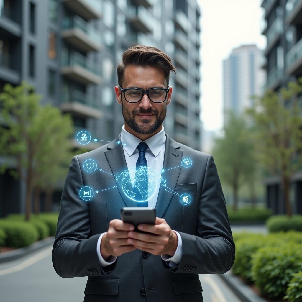 Ultra-realistic condominium manager in a charcoal gray suit, set in a modern luxury condominium environment with high-rise buildings and lush green landscaping, medium shot of a confident property manager holding a smartphone projecting holographic icons for communication, automation, reservations, and financial reports, floating app interface elements symbolizing centralized processes and optimized tasks, cinematic lighting, shallow depth of field, highly detailed textures, realistic skin, photographic realism, 8k resolution --ar 1:1 --v 6