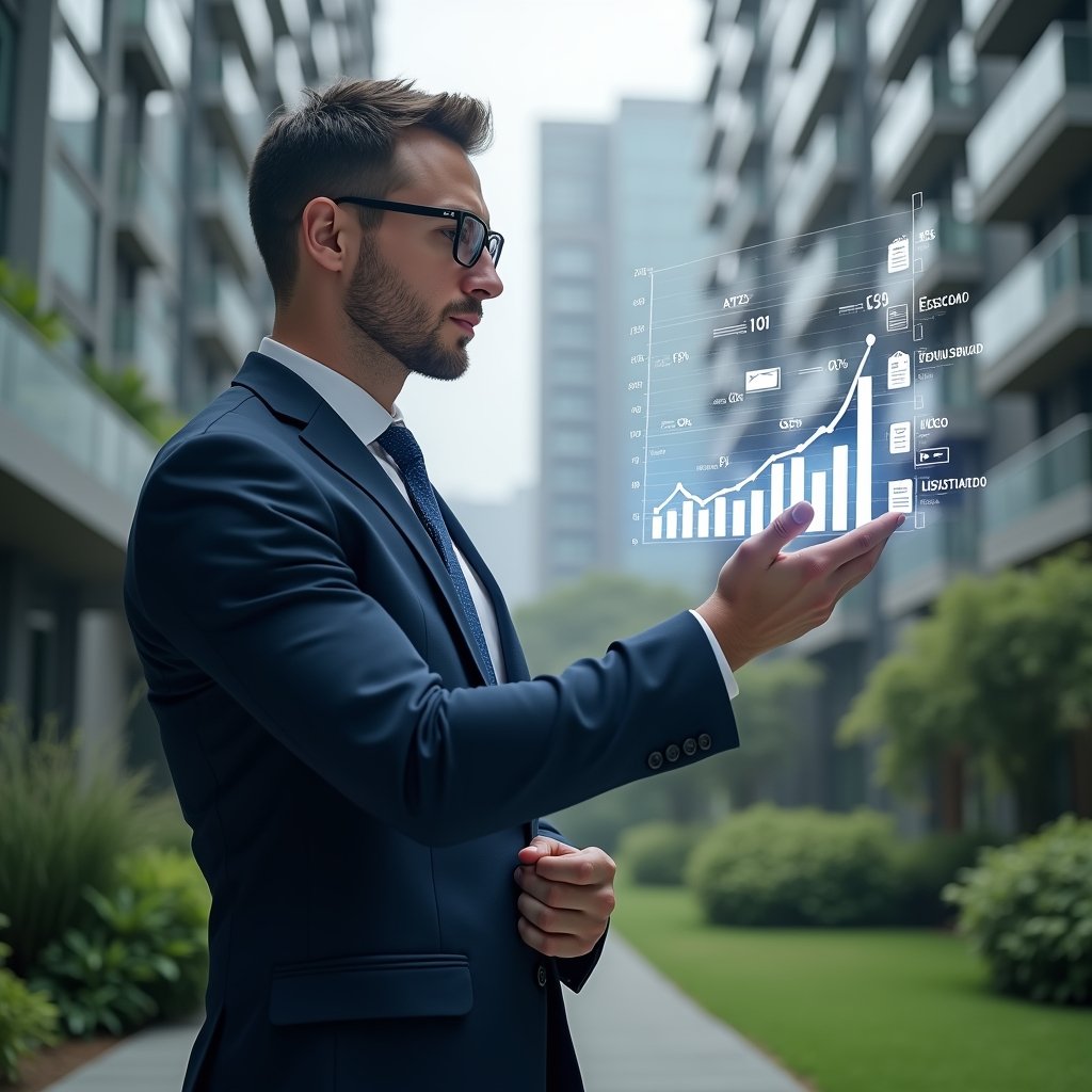 (Ultra-realistic condominium manager in a tailored navy suit, set in a modern luxury condominium environment with high-rise buildings and lush green landscaping, confidently analyzing holographic financial charts on a virtual interface, floating icons of invoices and receipts symbolizing streamlined accounting, cinematic lighting, shallow depth of field, highly detailed textures, realistic skin, photographic realism, 8k resolution --ar 1:1 --v 6)