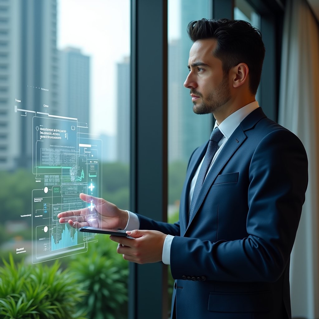 Ultra-realistic condo manager in a navy executive suit, set in a modern luxury condominium environment with high-rise buildings and lush green landscaping, interacting with a holographic building automation interface displaying smart controls and data charts, confident and focused expression, cinematic lighting, shallow depth of field, highly detailed textures, realistic skin, photographic realism, 8k resolution --ar 1:1 --v 6