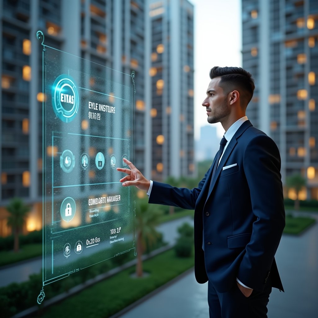 Ultra-realistic condominium manager in a tailored navy suit, set in a modern luxury condominium environment with high-rise buildings and lush green landscaping, confidently interacting with a holographic smart building control panel displaying energy savings and security icons, cinematic lighting, shallow depth of field, highly detailed textures, realistic skin, photographic realism, 8k resolution --ar 1:1 --v 6