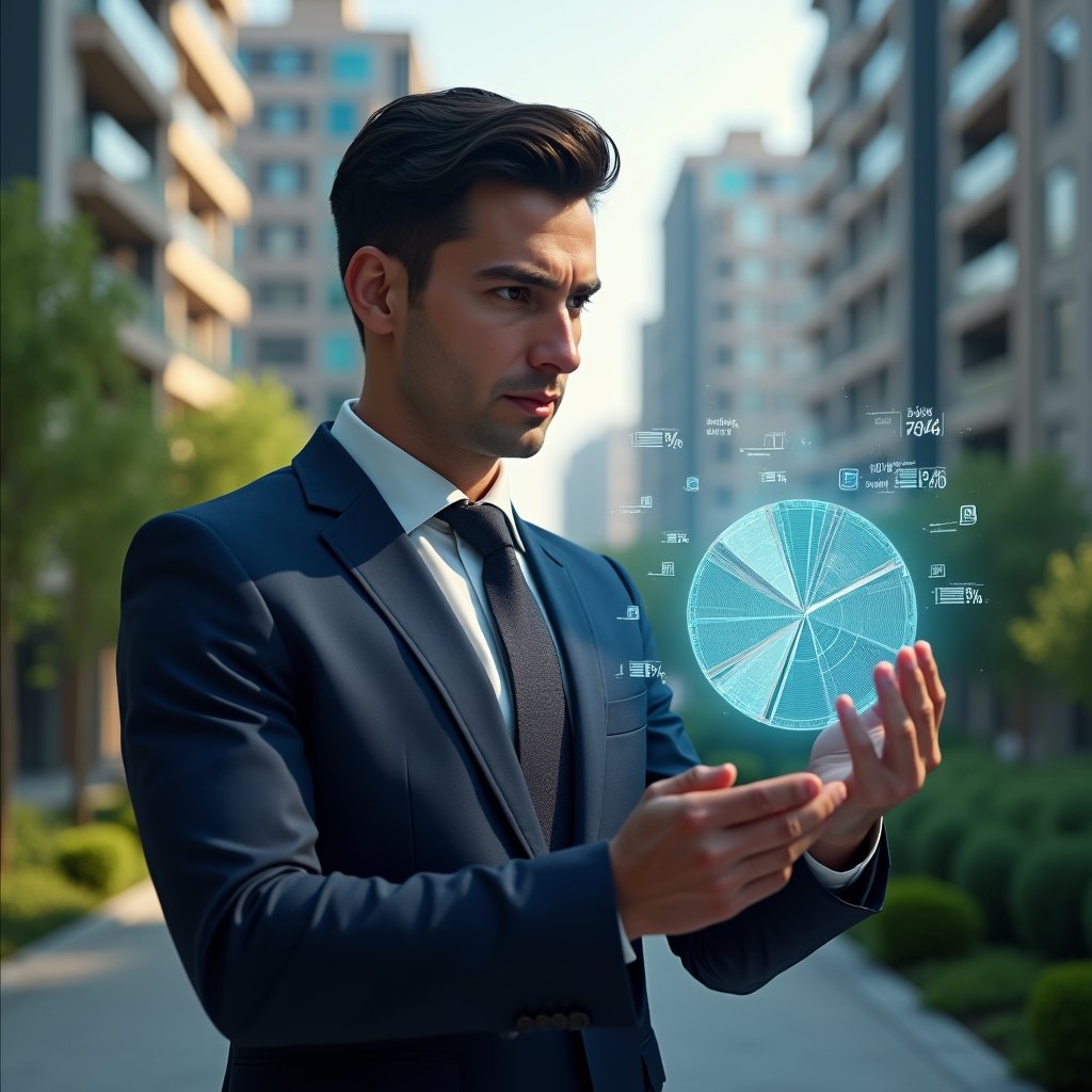 (Ultra-realistic condominium manager in a tailored navy suit, set in a modern luxury condominium environment with high-rise buildings and lush green landscaping, analyzing a holographic pie chart of fraction ideal percentages with a confident, focused expression, floating financial data overlays and icons symbolizing expense allocation, cinematic lighting, shallow depth of field, highly detailed textures, realistic skin, photographic realism, 8k resolution --ar 1:1 --v 6)