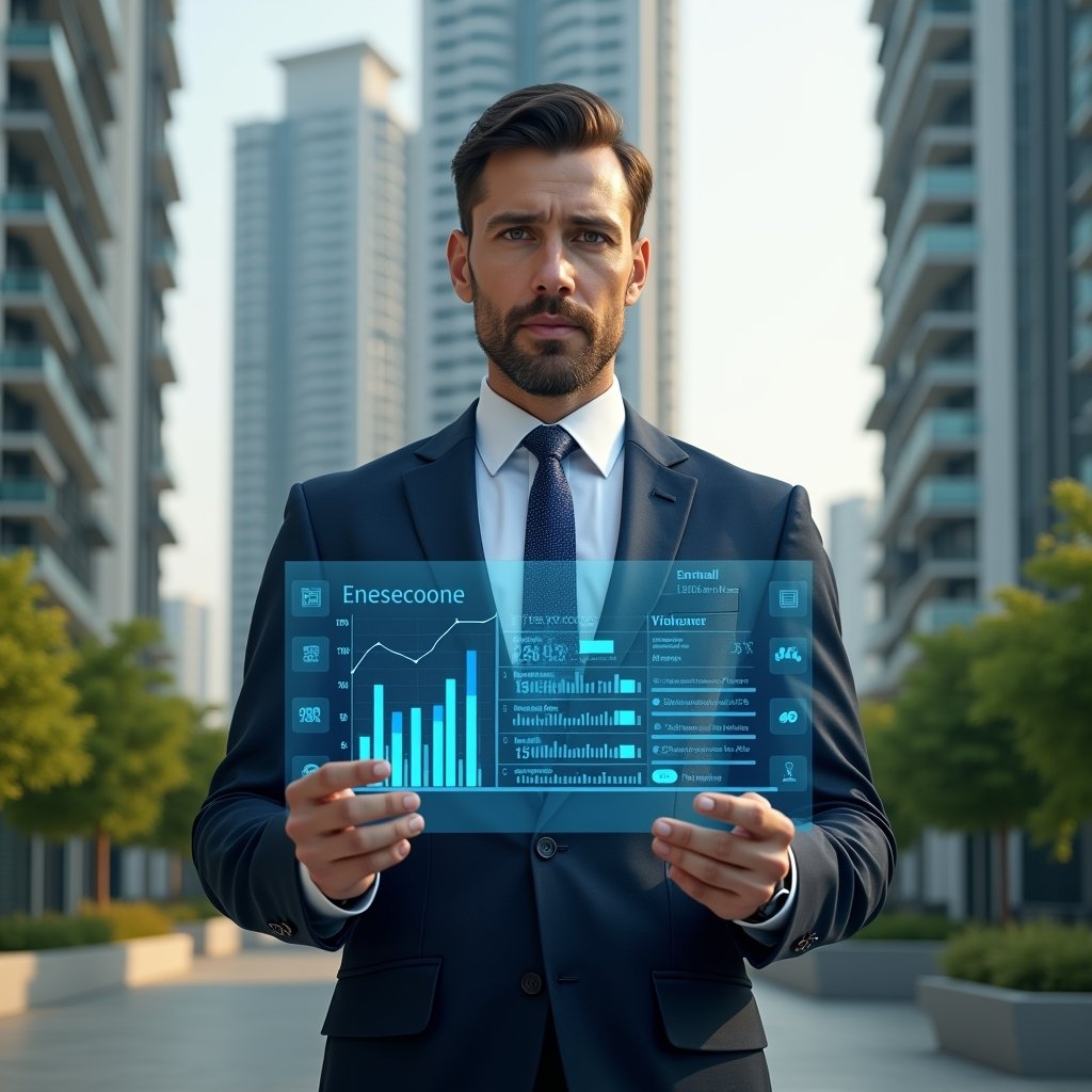 (Ultra-realistic condominium manager in a tailored navy suit, set in a modern luxury condominium environment with high-rise buildings and manicured greenery, mid-shot with a confident expression, presenting a holographic transparent financial report with floating charts and graphs symbolizing clear accounting, cinematic lighting, shallow depth of field, highly detailed textures, realistic skin, photographic realism, 8k resolution --ar 1:1 --v 6)