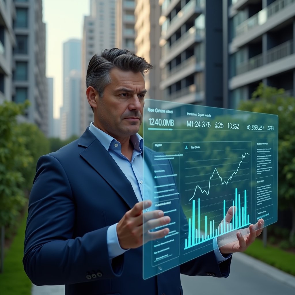 (Ultra-realistic condominium manager in a navy blue suit, set in a modern luxury condominium environment with high-rise buildings and lush green landscaping, confidently interacting with a holographic financial dashboard displaying charts and reports, cinematic lighting, shallow depth of field, highly detailed textures, realistic skin, photographic realism, 8k resolution --ar 1:1 --v 6)