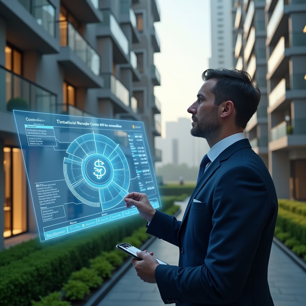 (Ultra-realistic condominium manager in a tailored dark blue suit, set in a modern luxury condominium environment with high-rise buildings and manicured green landscaping, analyzing a holographic blueprint that displays unit fractions and cost distribution, a floating pie-chart hologram beside them, thoughtful and confident expression, cinematic lighting, shallow depth of field, highly detailed textures, realistic skin, photographic realism, 8k resolution --ar 1:1 --v 6)