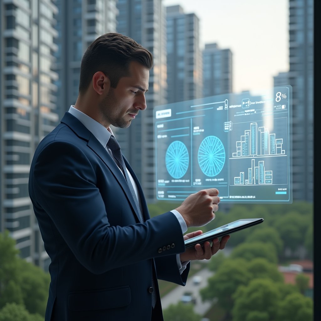 Ultra-realistic condominium manager in a navy suit, set in a modern luxury condominium environment with high-rise buildings and green landscaping, analyzing a holographic display of fraction percentages and unit layouts with a focused and thoughtful expression, holding a digital tablet showing area calculations, cinematic lighting, shallow depth of field, highly detailed textures, realistic skin, photographic realism, 8k resolution --ar 1:1 --v 6