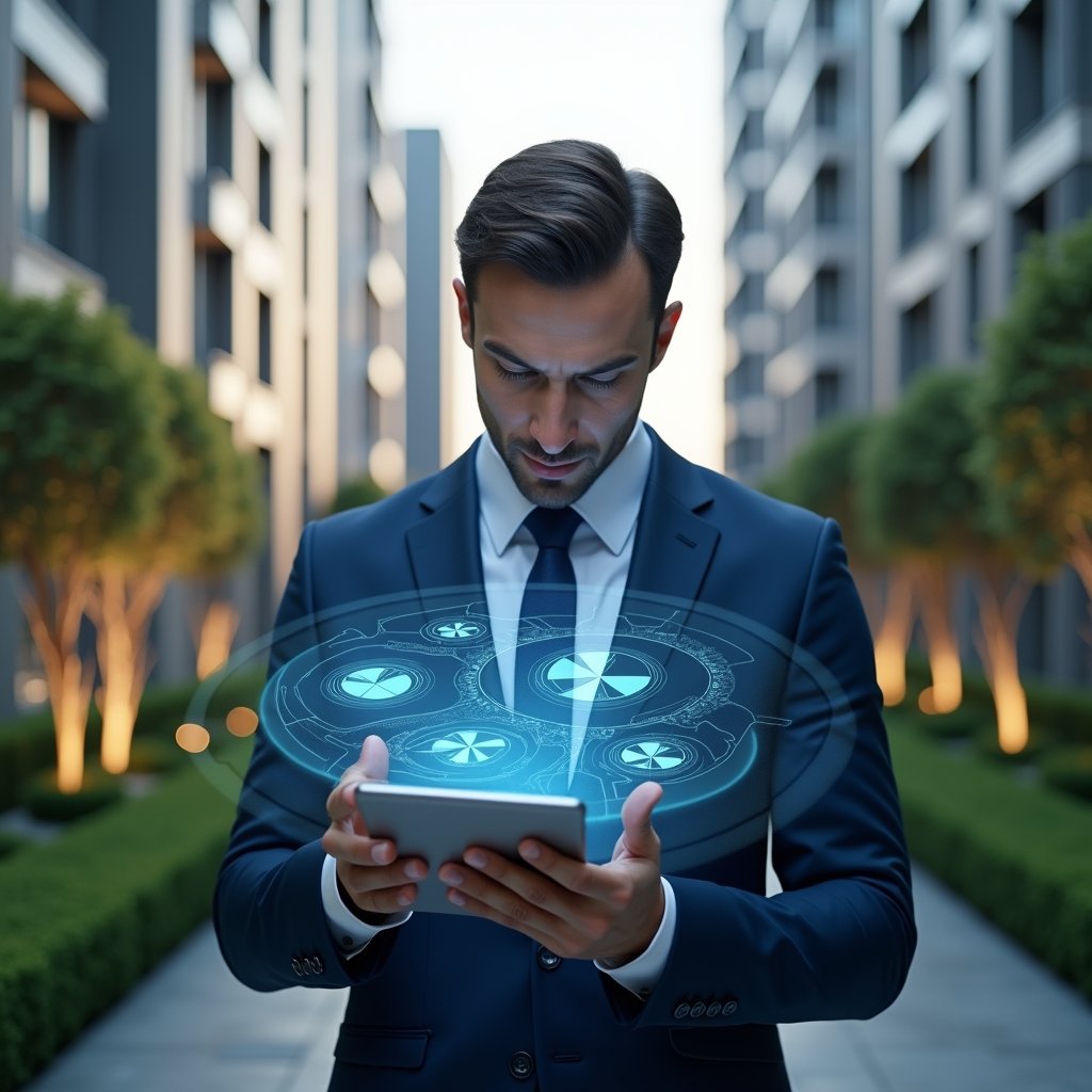 Ultra-realistic condominium manager in a navy blue executive suit, set in a modern luxury condominium environment with high-rise buildings and manicured green landscaping, examining a holographic pie-chart blueprint of unit shares with focused, confident expression, floating fractional allocation icons around, cinematic lighting, shallow depth of field, highly detailed textures, realistic skin, photographic realism, 8k resolution --ar 1:1 --v 6