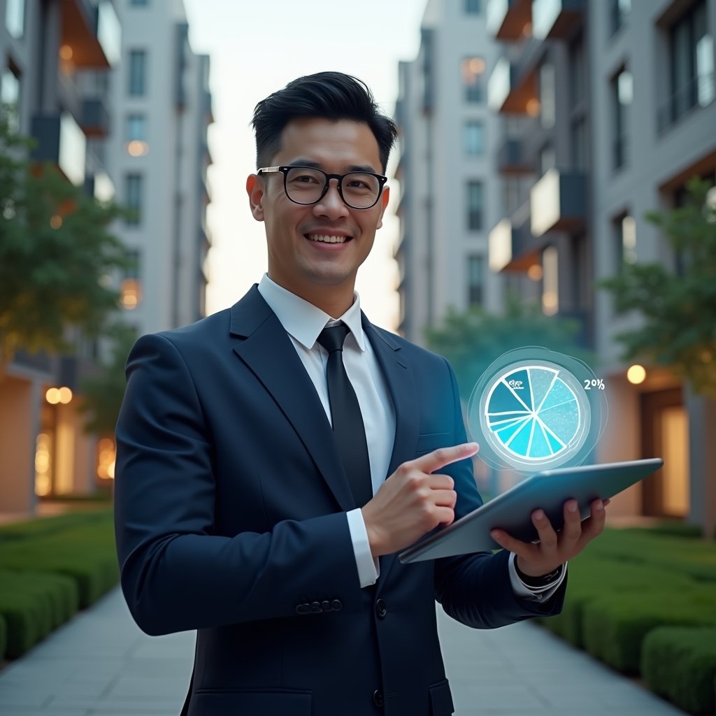 (Ultra-realistic condominium manager in a tailored navy suit, set in a modern luxury condominium environment with high-rise buildings and manicured green landscaping, holding a digital tablet displaying a holographic pie chart with percentage fractions, confidently pointing at the floating fraction ideal data, cinematic lighting, shallow depth of field, highly detailed textures, realistic skin, photographic realism, 8k resolution --ar 1:1 --v 6)