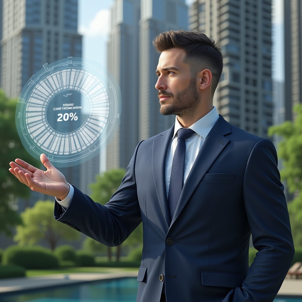 Ultra-realistic condominium manager in a navy blue suit, set in a modern luxury condominium environment with high-rise buildings and meticulously landscaped green areas, analyzing a floating 3D pie chart hologram showing unit percentage allocations, confident and thoughtful expression, cinematic lighting, shallow depth of field, highly detailed textures, realistic skin, photographic realism, 8k resolution --ar 1:1 --v 6