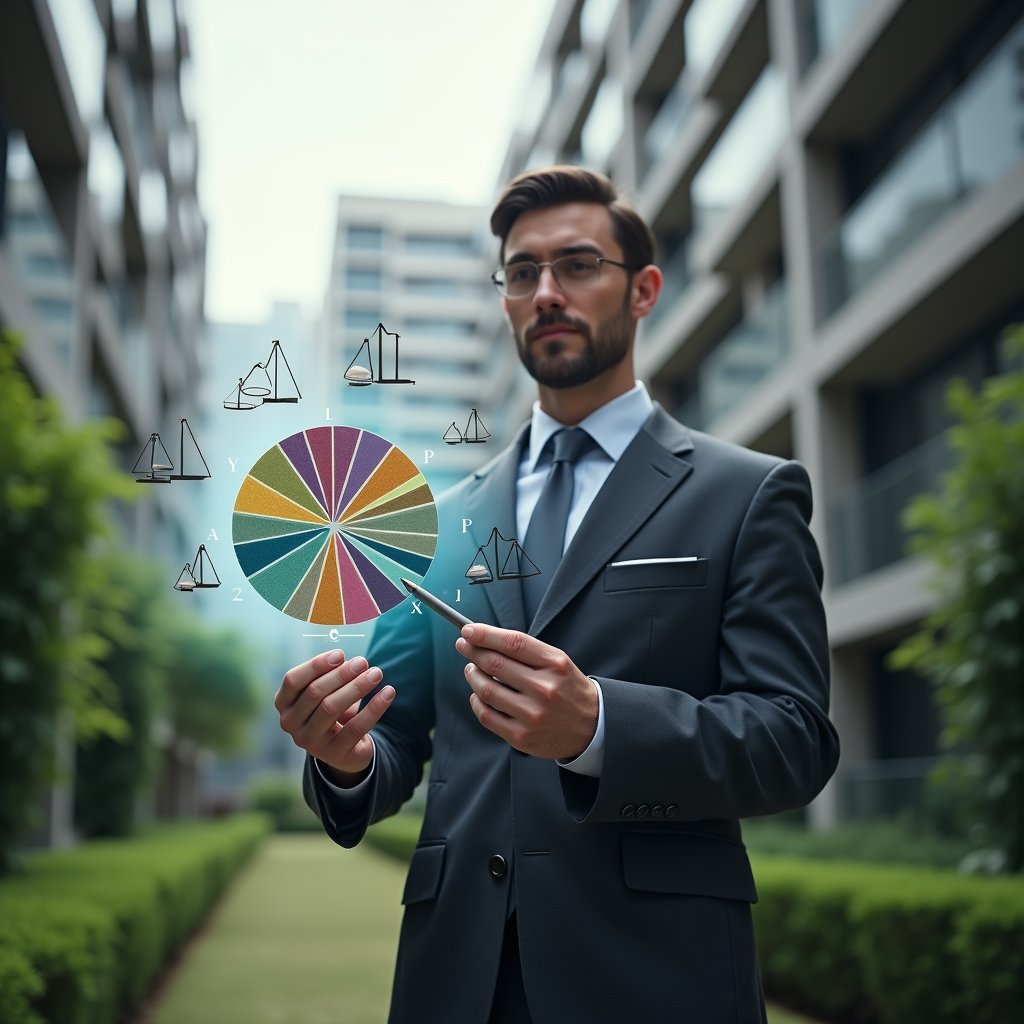 (Ultra-realistic condominium manager in a tailored charcoal suit, set in a modern luxury condominium environment with high-rise buildings and well-kept green landscaping, analyzing a holographic pie chart of property fractions with a stylus, floating fractional diagrams and scale icons symbolizing fair distribution, cinematic lighting, shallow depth of field, highly detailed textures, realistic skin, photographic realism, 8k resolution --ar 1:1 --v 6)