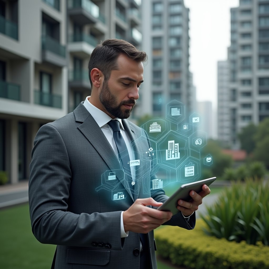 Ultra-realistic condominium manager in a charcoal gray tailored suit, set in a modern luxury condominium environment with high-rise buildings and manicured greenery, medium shot of a professional analyzing floating holographic charts distinguishing recurring bills and one-time repair expenses, icons of water bills and building repairs orbiting around the tablet, confident and thoughtful expression, cinematic lighting, shallow depth of field, highly detailed textures, realistic skin, photographic realism, 8k resolution --ar 1:1 --v 6