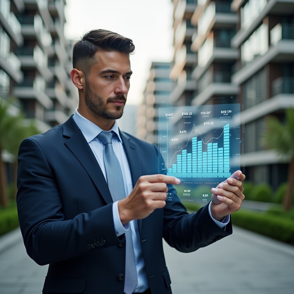 Ultra-realistic property manager in a tailored navy suit, set in a modern luxury condominium environment with high-rise buildings and manicured green landscaping, reviewing a holographic budget chart with floating expense icons, confident and focused expression, cinematic lighting, shallow depth of field, highly detailed textures, realistic skin, photographic realism, 8k resolution --ar 1:1 --v 6