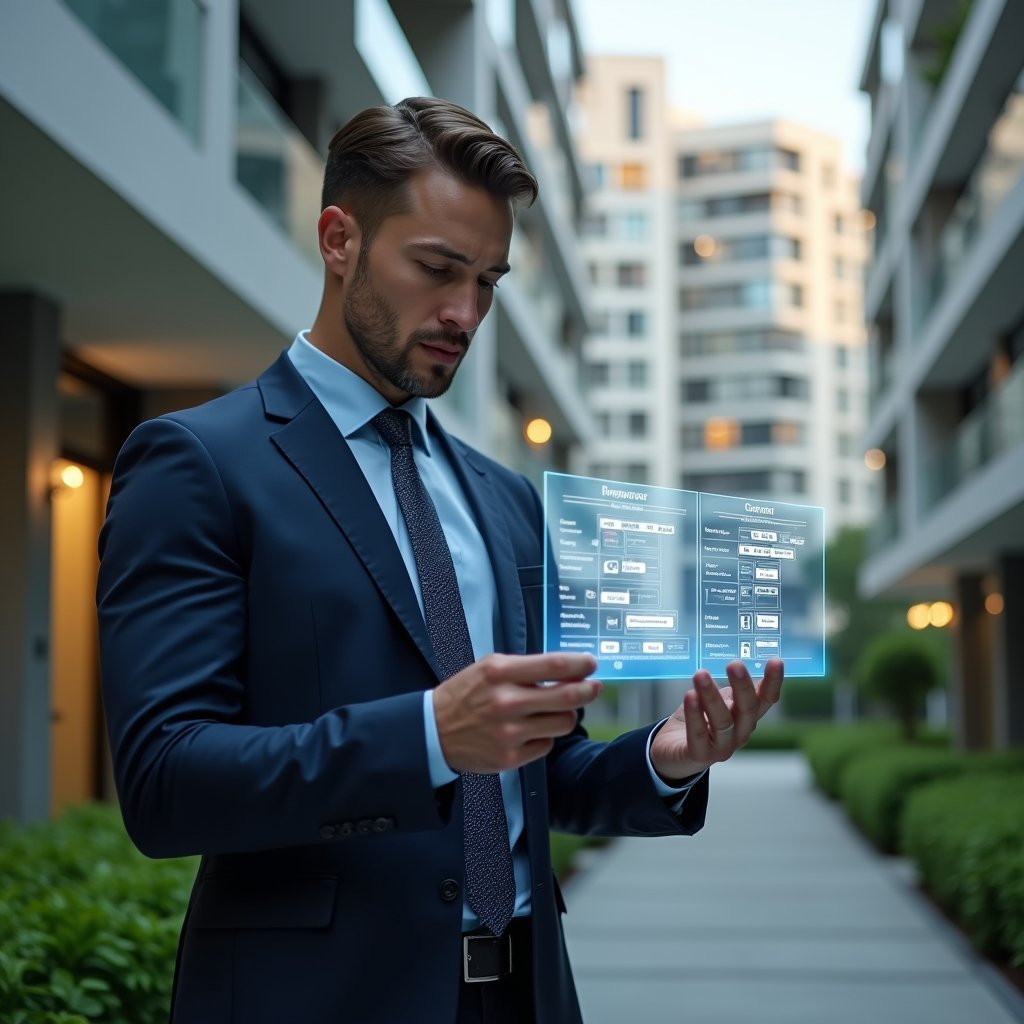 (Ultra-realistic condominium manager in a tailored navy suit, set in a modern luxury condominium environment with high-rise buildings and manicured green landscaping, examining a semi-transparent holographic budget chart with categorized expense icons for ordinary and extraordinary costs floating before them, confident and focused expression, cinematic lighting, shallow depth of field, highly detailed textures, realistic skin, photographic realism, 8k resolution --ar 1:1 --v 6)