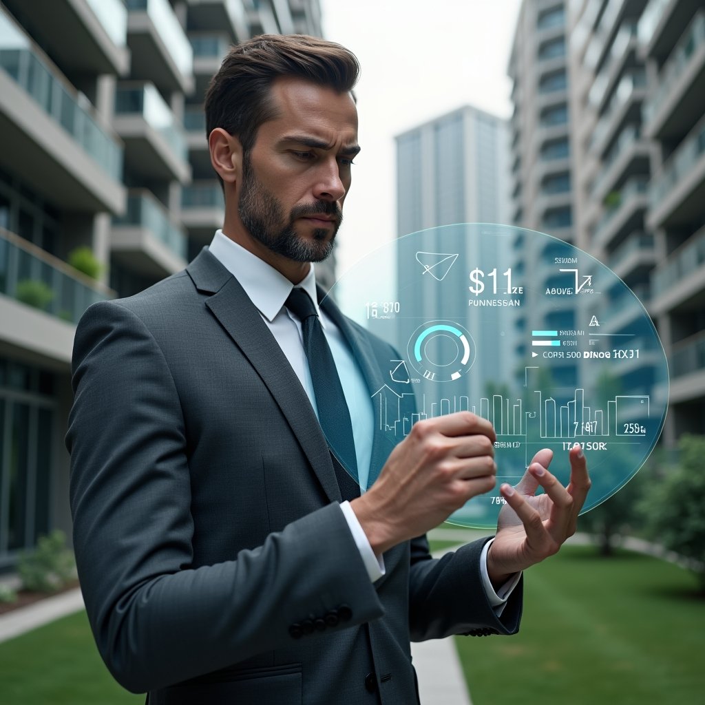 Ultra-realistic condominium manager in a charcoal gray suit, set in a modern luxury condominium environment with high-rise buildings and green landscaping, examining a holographic financial dashboard displaying expense charts and budget icons with a confident, focused expression, cinematic lighting, shallow depth of field, highly detailed textures, realistic skin, photographic realism, 8k resolution --ar 1:1 --v 6