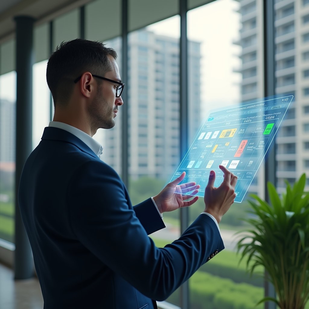 (Ultra-realistic condominium manager in a navy blue suit, set in a modern luxury condominium environment with high-rise buildings and lush green landscaping, confidently interacting with a floating holographic calendar displaying color-coded tasks and timelines, cinematic lighting, shallow depth of field, highly detailed textures, realistic skin, photographic realism, 8k resolution --ar 1:1 --v 6)